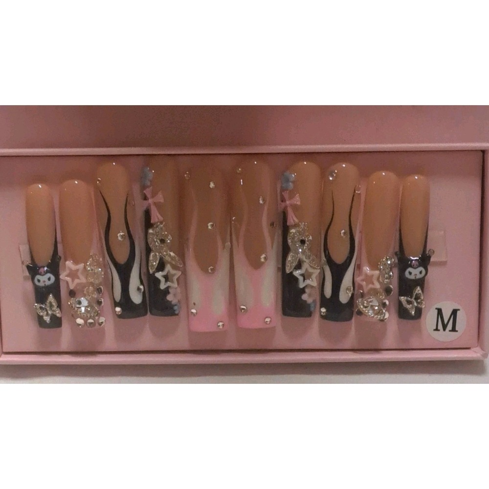 Handmade Tapered Square Press On Nails Nude Pink Black Flame Kuromi Playboy